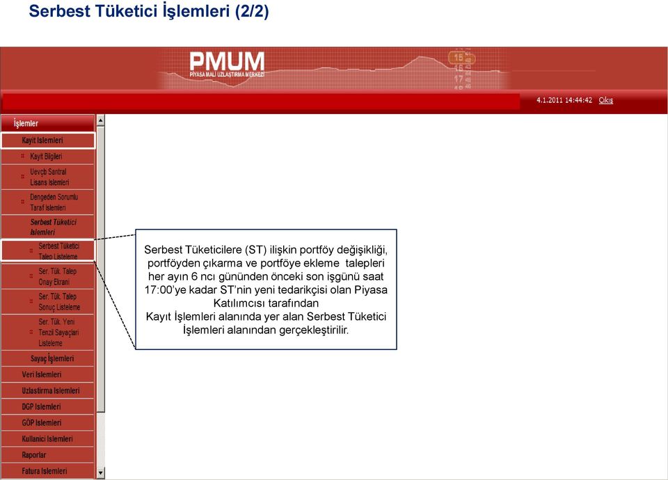 önceki son işgünü saat 17:00 ye kadar ST nin yeni tedarikçisi olan Piyasa Katılımcısı