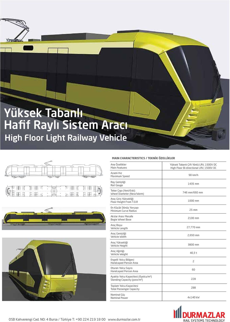 R En Küçük Dönüş Yarıçapı Minimum Curve Radius Akslar Arası Mesafe Bogie Wheel Base Araç Boyu Vehicle Length Araç Genişliği Vehicle Width Araç Yüksekliği Vehicle Height Araç Ağırlığı Vehicle Weight