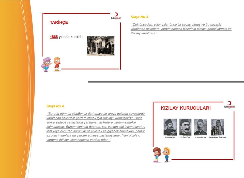 Slayt Nu 4. Burada görmüş olduğunuz dört amca bir araya gelerek savaşlarda yaralanan askerlere yardım etmek için Kızılayı kurmuşlardır.