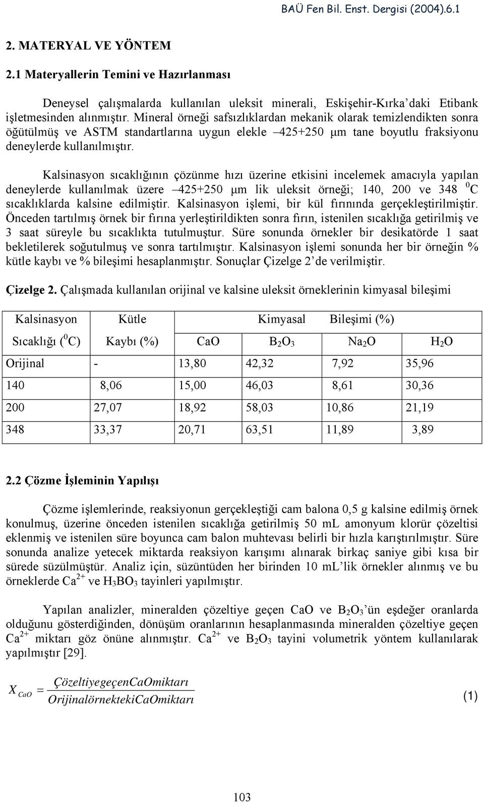 Kalsinasyon sıcaklığının çözünme hızı üzerine etkisini incelemek amacıyla yapılan deneylerde kullanılmak üzere 425+250 µm lik uleksit örneği; 140, 200 ve 348 0 C sıcaklıklarda kalsine edilmiştir.