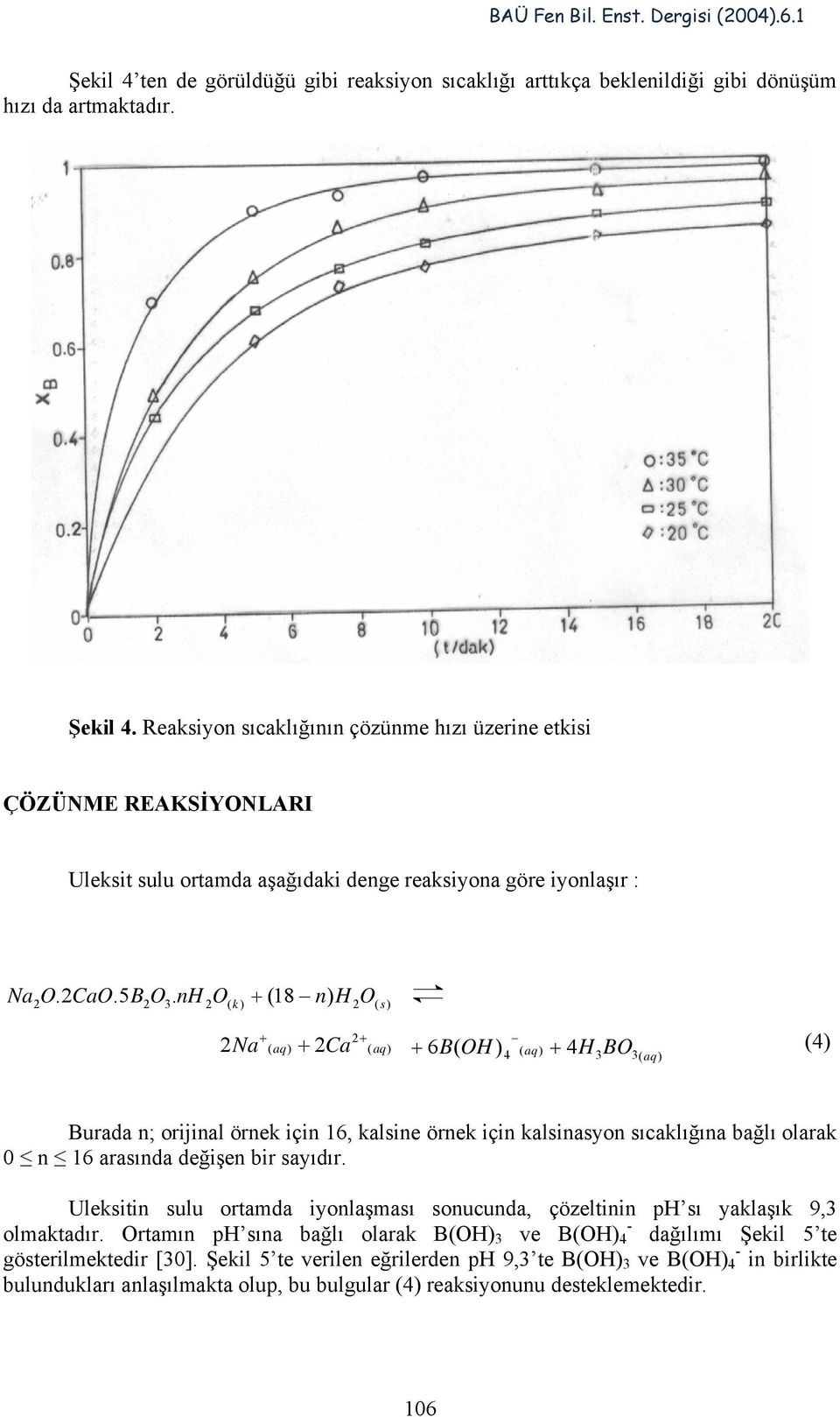 nh 2O( k ) + (18 n) H 2O( s) + 2+ 2Na ( aq) + 2Ca ( aq) + 6 ( OH ) 4 ( aq) + 4H3O3( aq) (4) urada n; orijinal örnek için 16, kalsine örnek için kalsinasyon sıcaklığına bağlı olarak 0 n 16 arasında