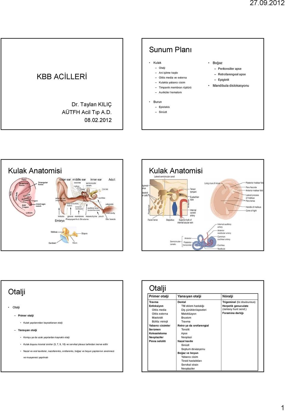 2012 Burun Sinüzit Kulak Anatomisi Kulak Anatomisi Otalji Otalji Primer otalji Yansıyan otalji Nöralji Otalji Primer otalji Kulak yapılarından kaynaklanan otalji Yansıyan otalji Komşu ya da uzak