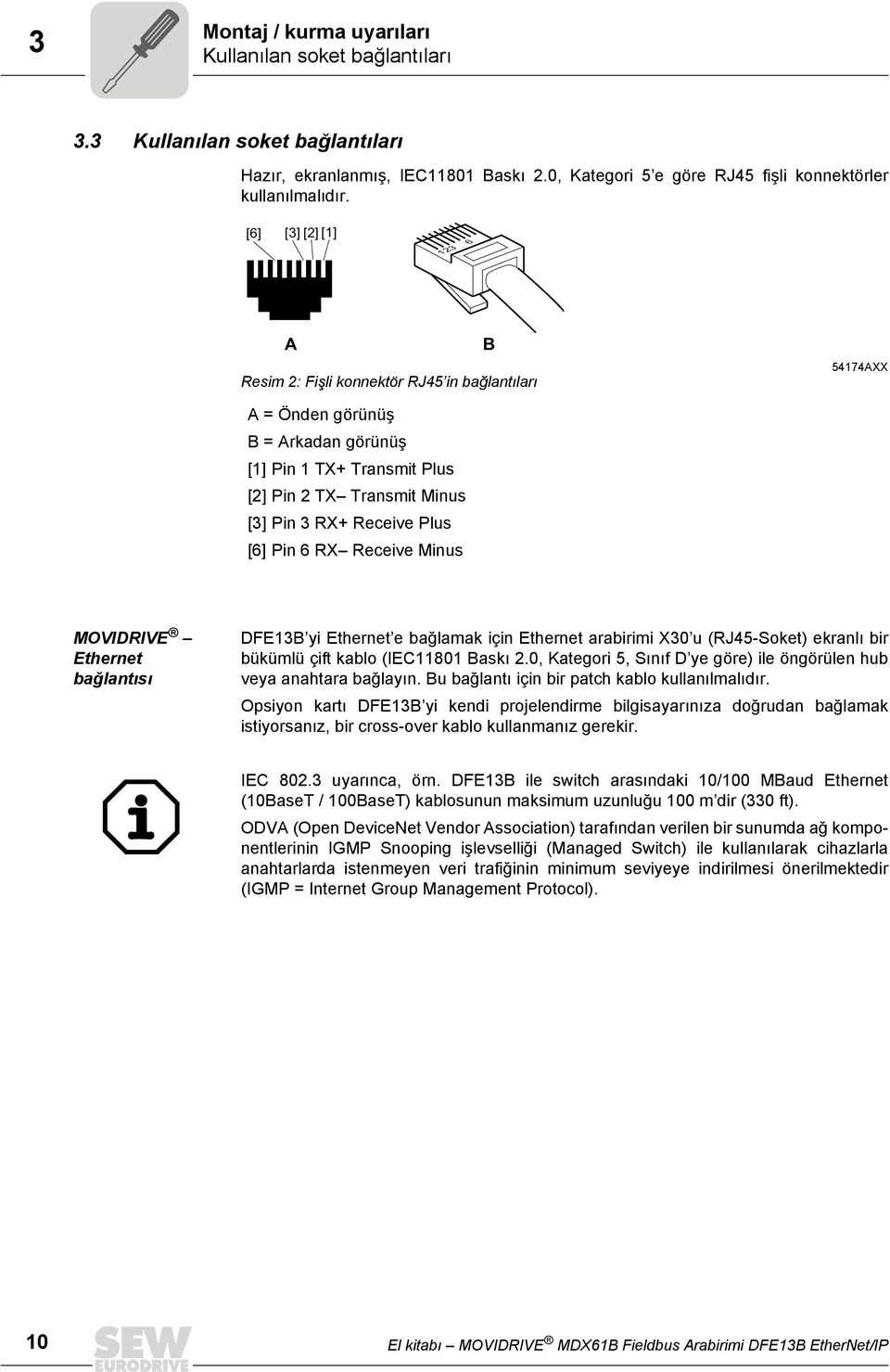 Plus [6] Pin 6 RX Receive Minus MOVIDRIVE Ethernet bağlantısı DFE13B yi Ethernet e bağlamak için Ethernet arabirimi X30 u (RJ45-Soket) ekranlı bir bükümlü çift kablo (IEC11801 Baskı 2.