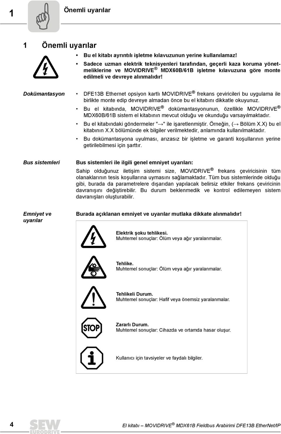 Dokümantasyon DFE13B Ethernet opsiyon kartlı MOVIDRIVE frekans çeviricileri bu uygulama ile birlikte monte edip devreye almadan önce bu el kitabını dikkatle okuyunuz.