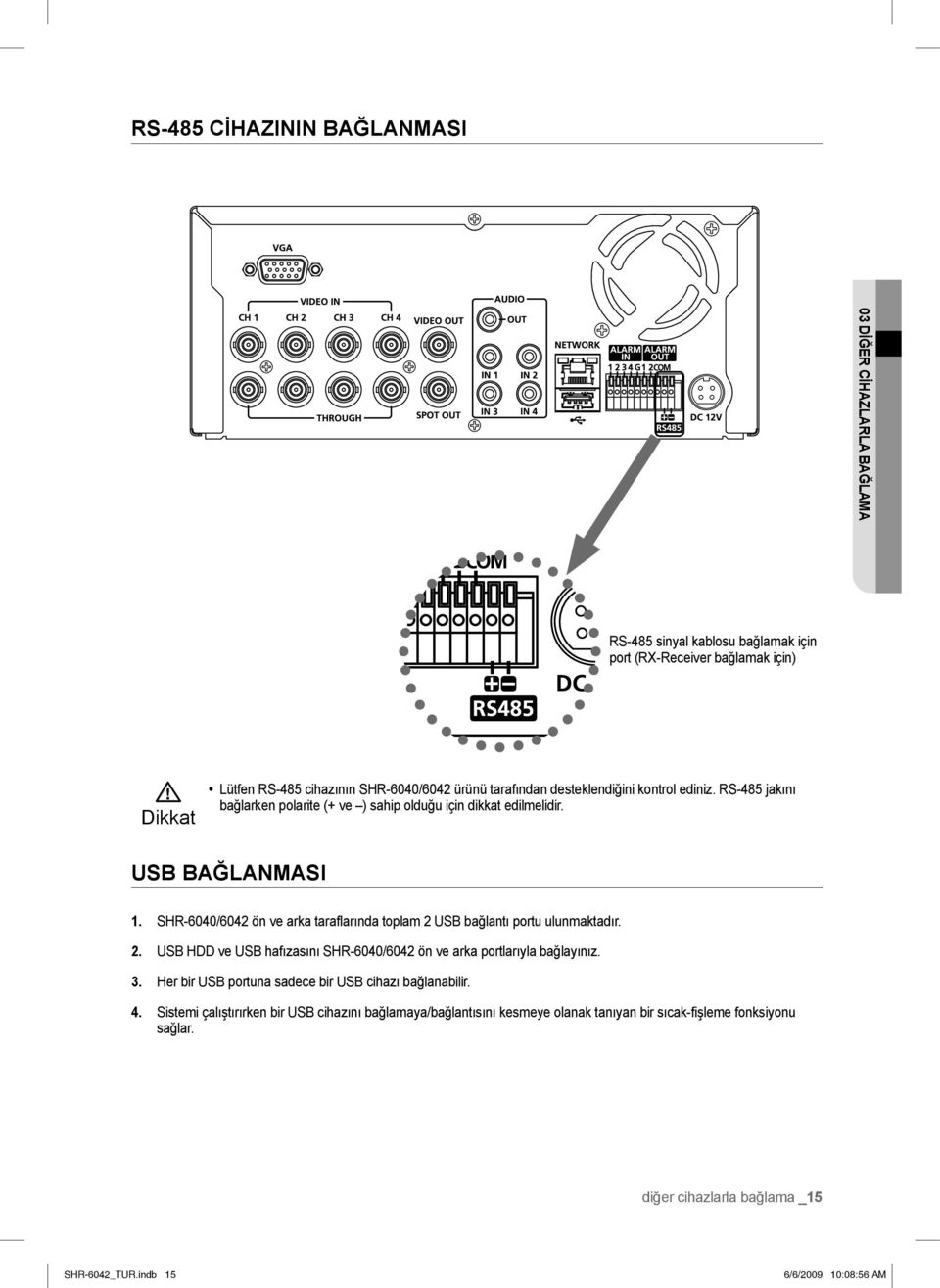 SHR-6040/6042 ön ve arka taraflarında toplam 2 USB bağlantı portu ulunmaktadır. 2. USB HDD ve USB hafızasını SHR-6040/6042 ön ve arka portlarıyla bağlayınız. 3.