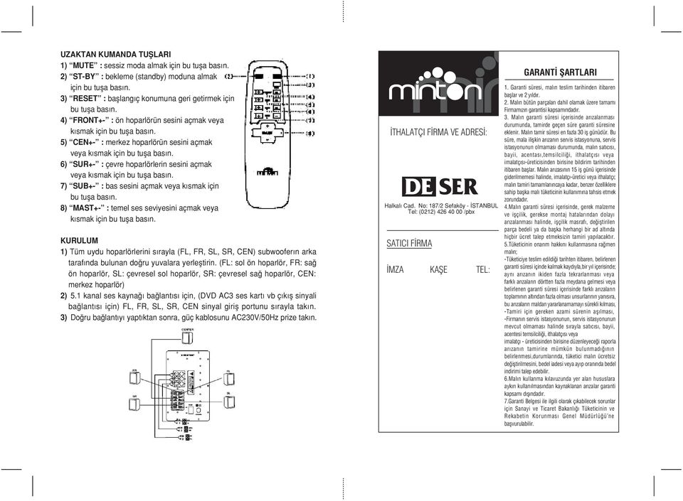 5) CEN+- : merkez hoparlörün sesini açmak veya k smak için bu tufla bas n. 6) SUR+- : çevre hoparlörlerin sesini açmak veya k smak için bu tufla bas n.