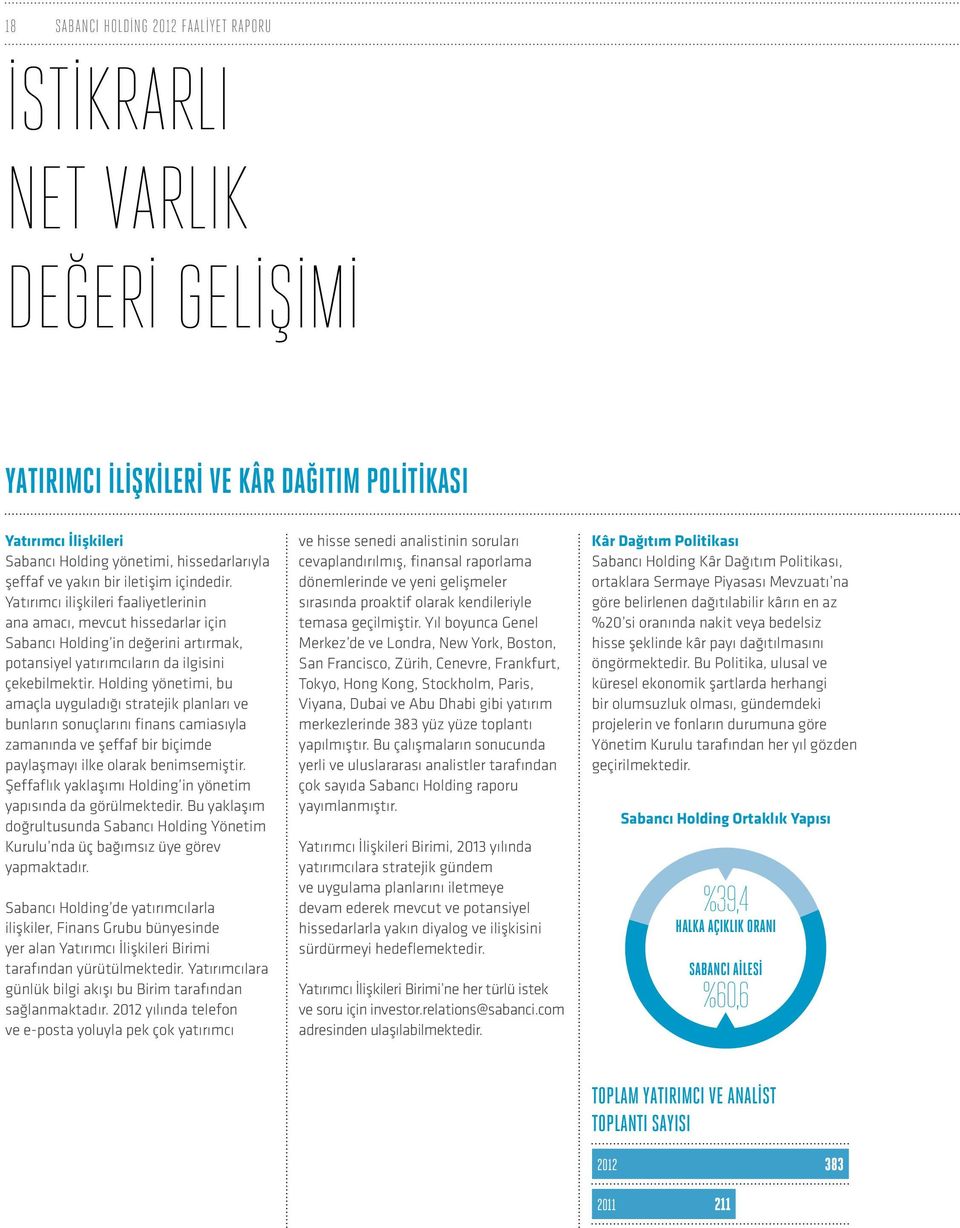 Holding yönetimi, bu amaçla uyguladığı stratejik planları ve bunların sonuçlarını finans camiasıyla zamanında ve şeffaf bir biçimde paylaşmayı ilke olarak benimsemiştir.