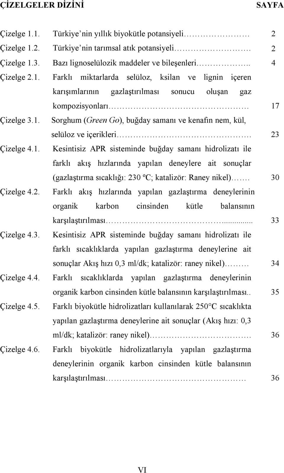 23 Çizelge 4.1. Kesintisiz APR sisteminde buğday samanı hidrolizatı ile farklı akış hızlarında yapılan deneylere ait sonuçlar (gazlaştırma sıcaklığı: 230 ºC; katalizör: Raney nikel). 30 Çizelge 4.2. Farklı akış hızlarında yapılan gazlaştırma deneylerinin organik karbon cinsinden kütle balansının karşılaştırılması.