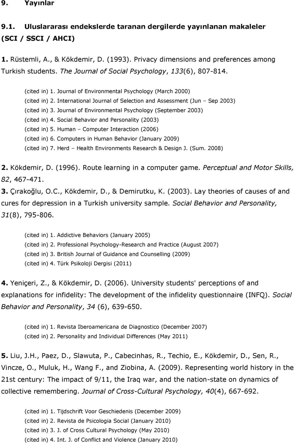 International Journal of Selection and Assessment (Jun Sep 2003) (cited in) 3. Journal of Environmental Psychology (September 2003) (cited in) 4. Social Behavior and Personality (2003) (cited in) 5.