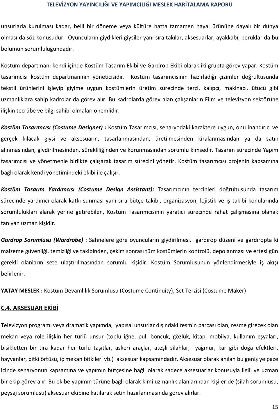 Kostüm departmanı kendi içinde Kostüm Tasarım Ekibi ve Gardrop Ekibi olarak iki grupta görev yapar. Kostüm tasarımcısı kostüm departmanının yöneticisidir.