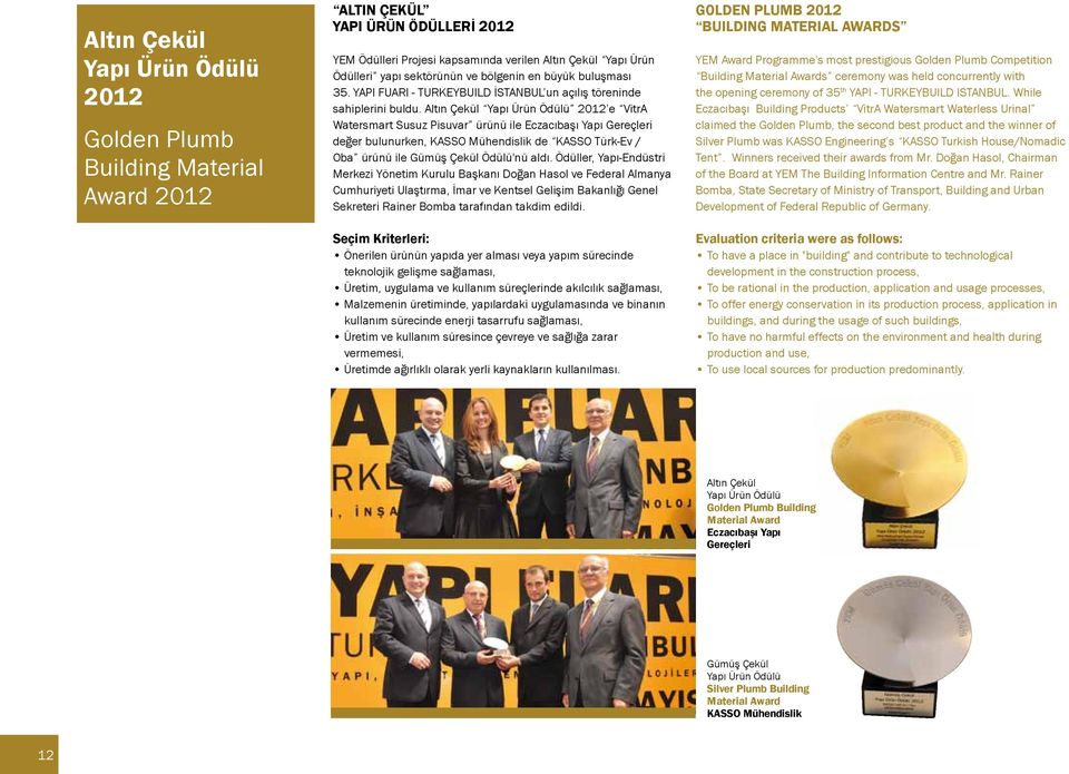 Altın Çekül Yapı Ürün Ödülü 2012 e VitrA Watersmart Susuz Pisuvar ürünü ile Eczacıbaşı Yapı Gereçleri değer bulunurken, KASSO Mühendislik de KASSO Türk-Ev / Oba ürünü ile Gümüş Çekül Ödülü'nü aldı.