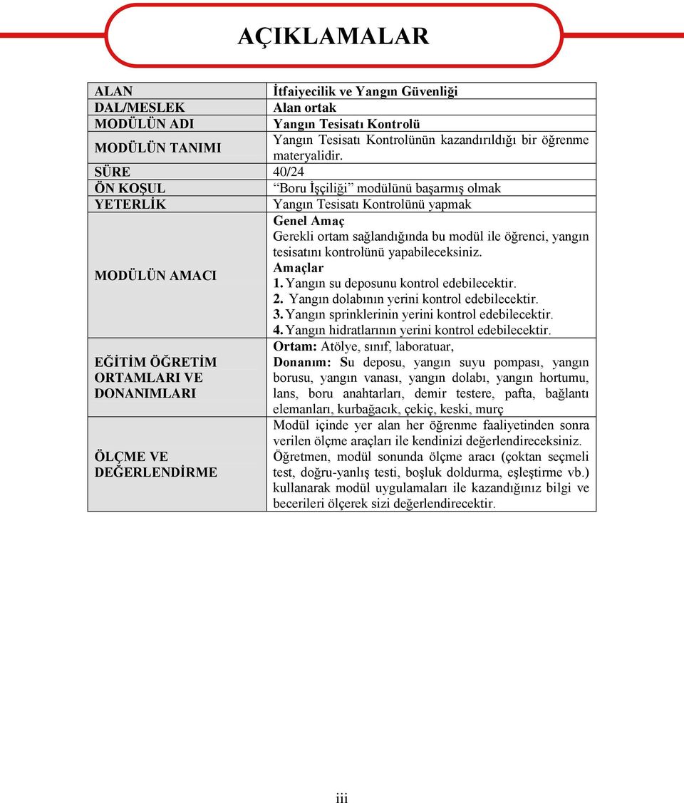 yapabileceksiniz. Amaçlar MODÜLÜN AMACI 1. Yangın su deposunu kontrol edebilecektir. 2. Yangın dolabının yerini kontrol edebilecektir. 3. Yangın sprinklerinin yerini kontrol edebilecektir. 4.