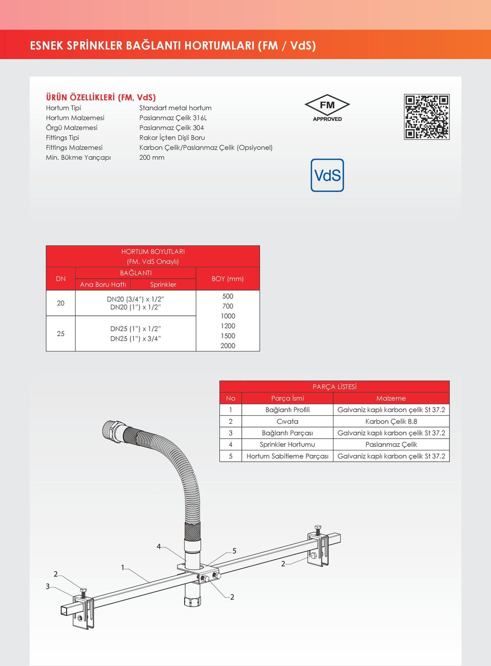 Bükme Yarıçapı Rakor İçten Dişli Boru Karbon Çelik/Paslanmaz Çelik (Opsiyonel) 200 mm DN 20 25 Ana Boru Hattı HORTUM BOYUTLARI (FM, VdS Onaylı) BAĞLANTI Sprinkler DN20 (3/4 ) x 1/2 DN20 (1 ) x