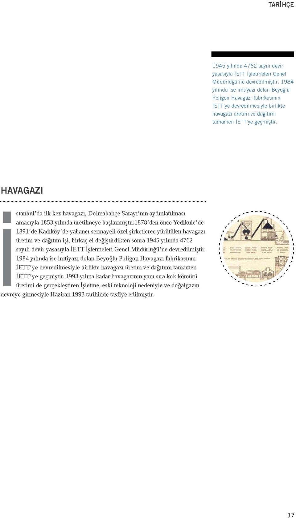 HAVAGAZI istanbul da ilk kez havagazı, Dolmabahçe Sarayı nın aydınlatılması amacıyla 1853 yılında üretilmeye başlanmıştır.