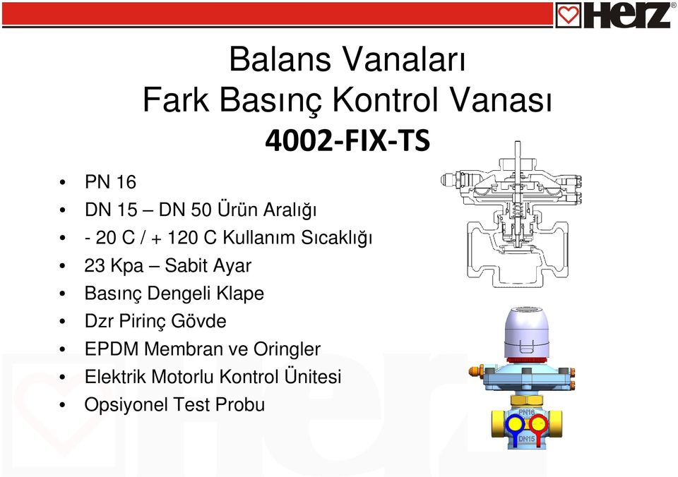 Kpa Sabit Ayar Basınç Dengeli Klape Dzr Pirinç Gövde EPDM