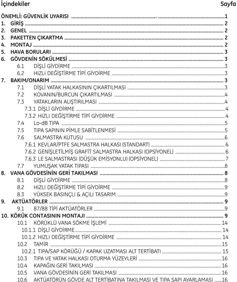 .. 4 7.4 Lo-dB TIPA...5 7.5 TIPA SAPININ PİMLE SABİTLENMESİ...5 7.6 SALMASTRA KUTUSU...6 7.6.1 KEVLAR/PTFE SALMASTRA HALKASI (STANDART)... 6 7.6.2 GENİŞLETİLMİŞ GRAFİT SALMASTRA HALKASI (OPSİYONEL).