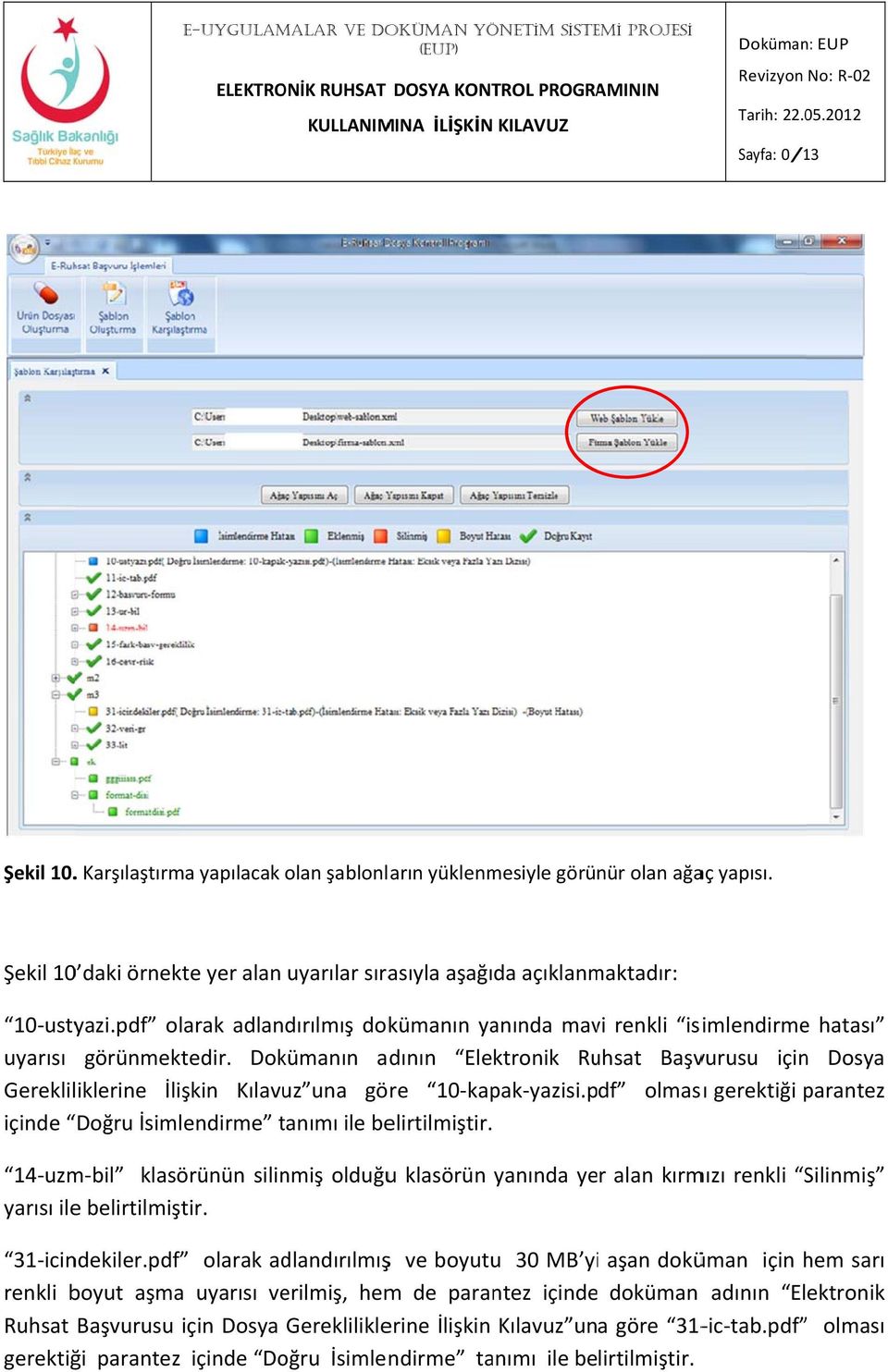 Dokümanın adının Elektronik Ruhsat Başvurusu için Dosya Gerekliliklerine İlişkin Kılavuz una göre 10 kapak yazisi.pdf olması gerektiği parantez içinde Doğru İsimlendirme tanımı t ile belirtilmiştir.