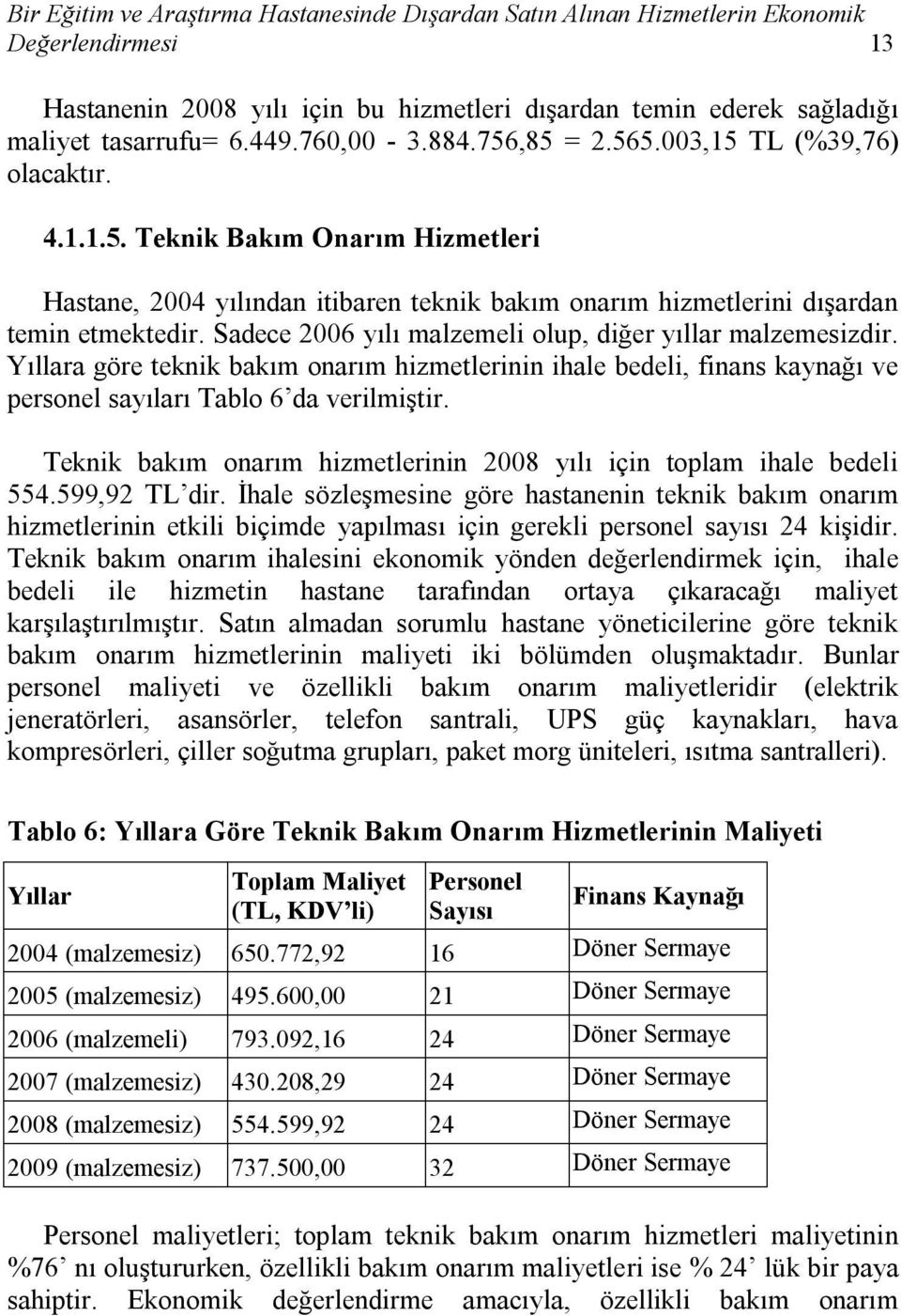 Sadece 2006 yılı malzemeli olup, diğer yıllar malzemesizdir. Yıllara göre teknik bakım onarım hizmetlerinin ihale bedeli, finans kaynağı ve personel sayıları Tablo 6 da verilmiştir.