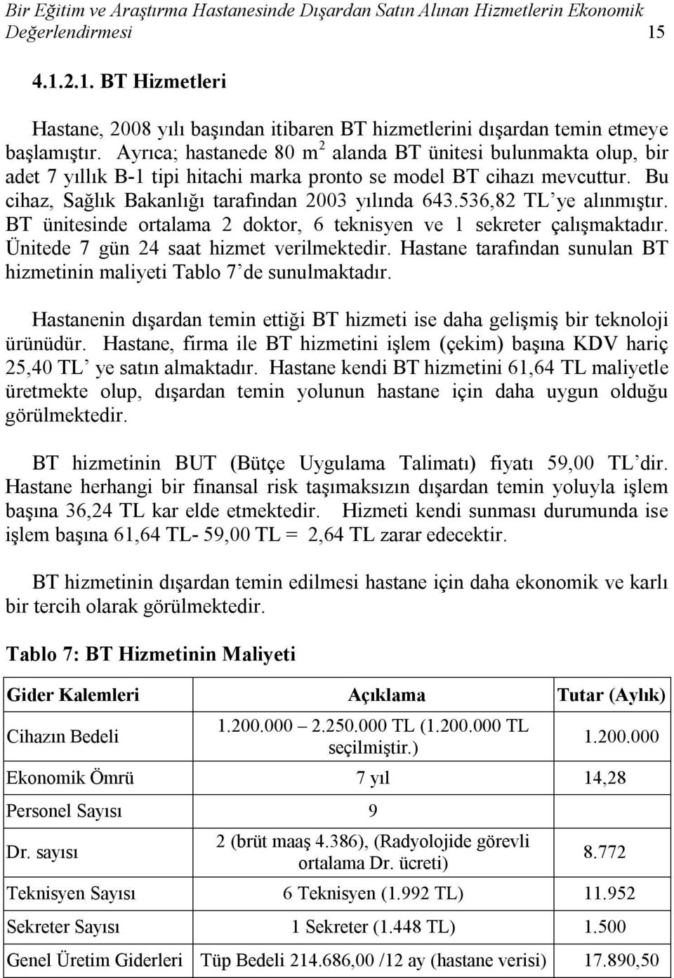 536,82 TL ye alınmıştır. BT ünitesinde ortalama 2 doktor, 6 teknisyen ve 1 sekreter çalışmaktadır. Ünitede 7 gün 24 saat hizmet verilmektedir.