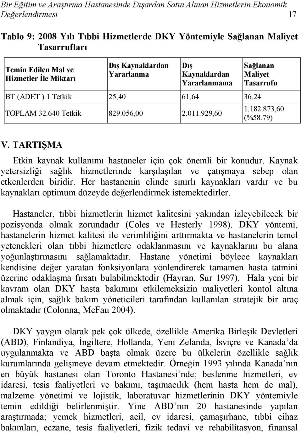 873,60 (%58,79) V. TARTIŞMA Etkin kaynak kullanımı hastaneler için çok önemli bir konudur. Kaynak yetersizliği sağlık hizmetlerinde karşılaşılan ve çatışmaya sebep olan etkenlerden biridir.