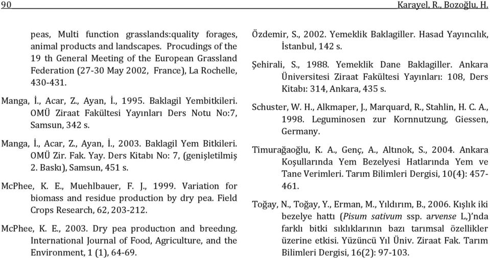 OMÜ Ziraat Fakültesi Yayınları Ders Notu No:7, Samsun, 342 s. Manga, İ., Acar, Z., Ayan, İ., 2003. Baklagil Yem Bitkileri. OMÜ Zir. Fak. Yay. Ders Kitabı No: 7, (genişletilmiş 2.