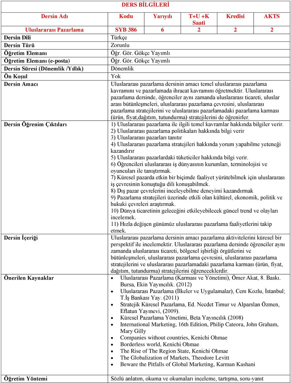 Uluslararası pazarlama dersinde, öğrenciler aynı zamanda uluslararası ticareti, uluslar arası bütünleşmeleri, uluslararası pazarlama çevresini, uluslararası pazarlama stratejilerini ve uluslararası