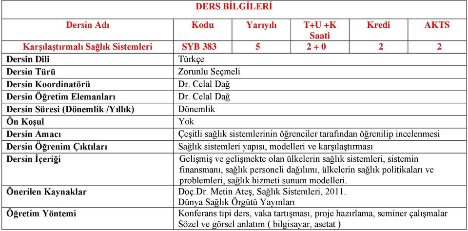 olan ülkelerin sağlık sistemleri, sistemin finansmanı, sağlık personeli dağılımı, ülkelerin sağlık politikaları ve problemleri, sağlık hizmeti sunum modelleri.