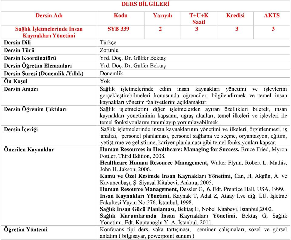 Gülfer Bektaş Sağlık işletmelerinde etkin insan kaynakları yönetimi ve işlevlerini gerçekleştirebilmeleri konusunda öğrencileri bilgilendirmek ve temel insan kaynakları yönetim faaliyetlerini