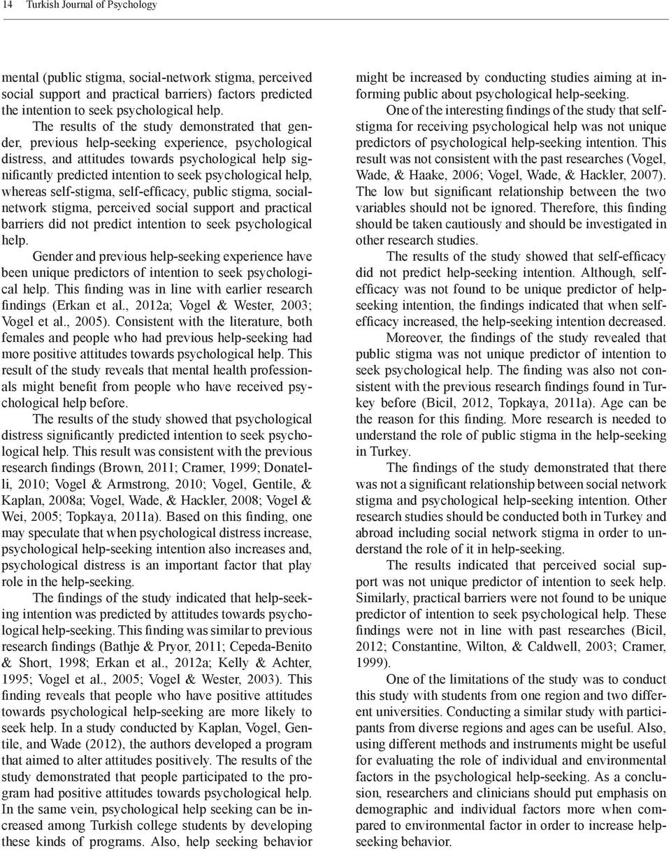 psychological help, whereas self-stigma, self-efficacy, public stigma, socialnetwork stigma, perceived social support and practical barriers did not predict intention to seek psychological help.