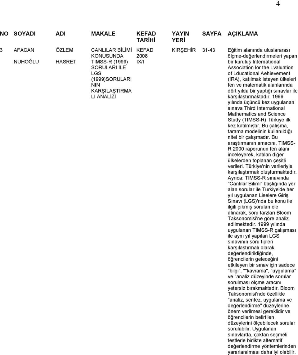 alanlarında dört yılda bir yaptığı sınavlar ile karşılaştırmaktadır. 1999 yılında üçüncü kez uygulanan sınava Third International Mathematics and Science Study (TIMSS-R) Türkiye ilk kez katılmıştır.