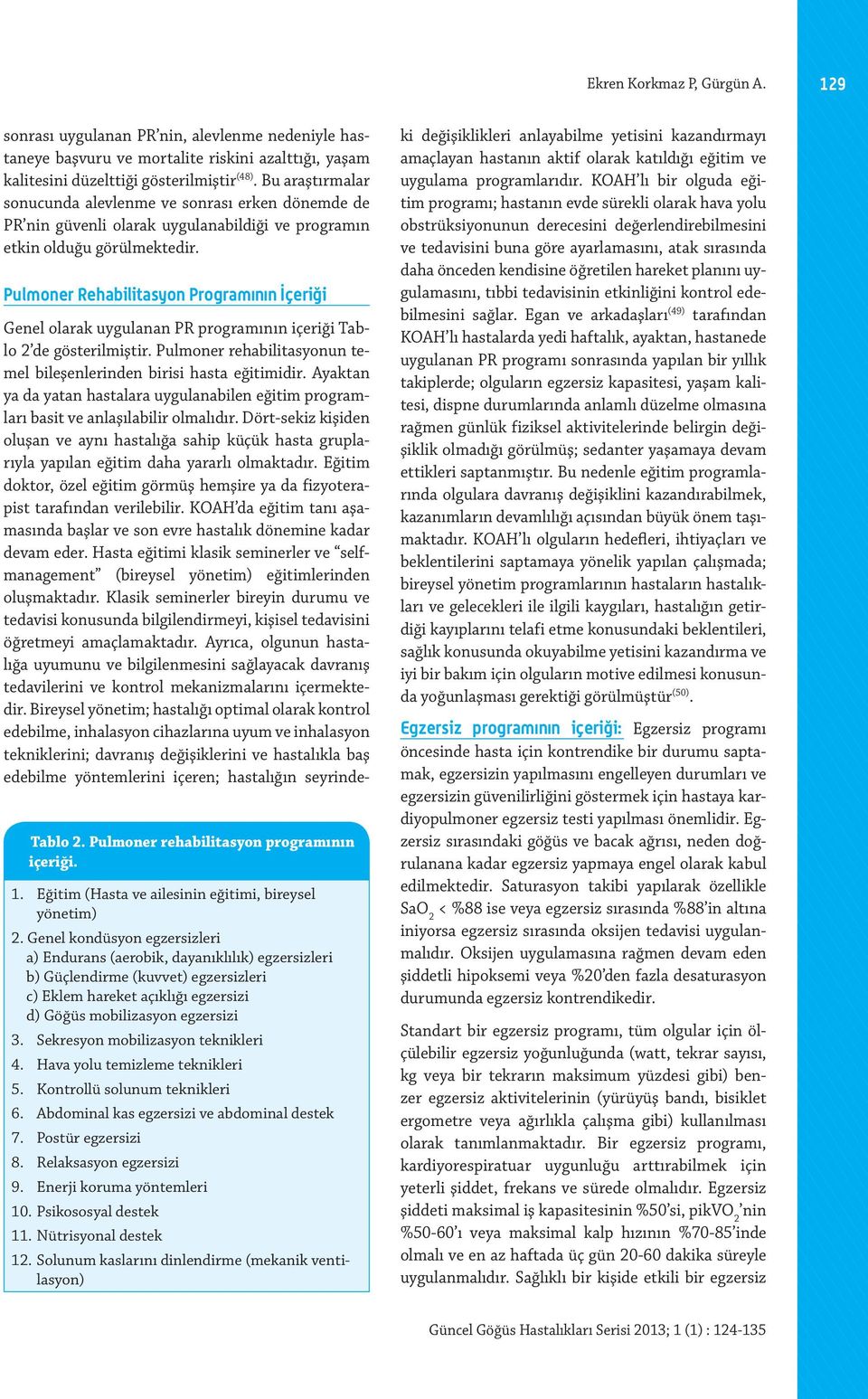 Pulmoner rehabilitasyon programının içeriği. 1. Eğitim (Hasta ve ailesinin eğitimi, bireysel yönetim) 2.