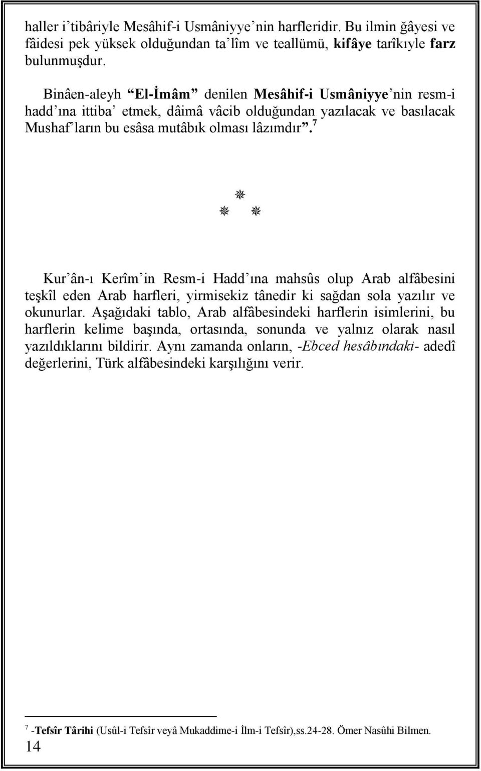 7 Kur ân-ı Kerîm in Resm-i Hadd ına mahsûs olup Arab alfâbesini teşkîl eden Arab harfleri, yirmisekiz tânedir ki sağdan sola yazılır ve okunurlar.