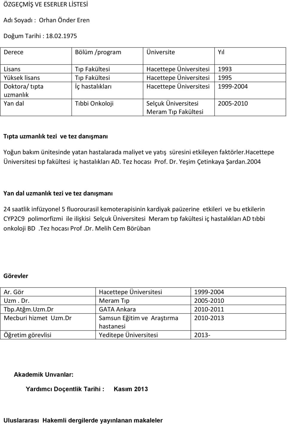 Üniversitesi 1999-2004 uzmanlık Yan dal Tıbbi Onkoloji Selçuk Üniversitesi Meram Tıp Fakültesi 2005-2010 Tıpta uzmanlık tezi ve tez danışmanı Yoğun bakım ünitesinde yatan hastalarada maliyet ve yatış