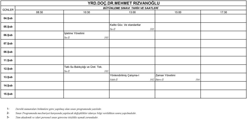 Su-II 103 Yönlendirilmiş Çalışma-I Zaman Yönetimi Muh-II 102 Büro-II 104 15.