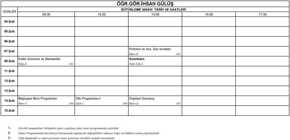 Şub Bilgisayar Büro Programları Ofis Programları-I Örgütsel Davranış Büro-I 104 Muh-I 106 Büro-II 101 15.