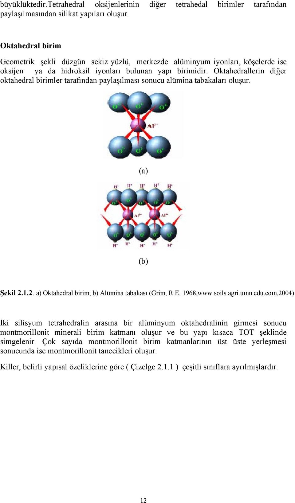 Oktahedrallerin diğer oktahedral birimler tarafından paylaşılması sonucu alümina tabakaları oluşur. (a) (b) Şekil 2.1.2. a) Oktahedral birim, b) Alümina tabakası (Grim, R.E. 1968,www.soils.agri.umn.