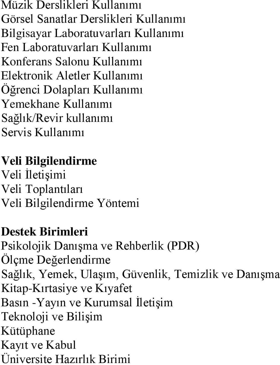 İletişimi Veli Toplantıları Veli Bilgilendirme Yöntemi Destek Birimleri Psikolojik Danışma ve Rehberlik (PDR) Ölçme Değerlendirme Sağlık, Yemek, Ulaşım,