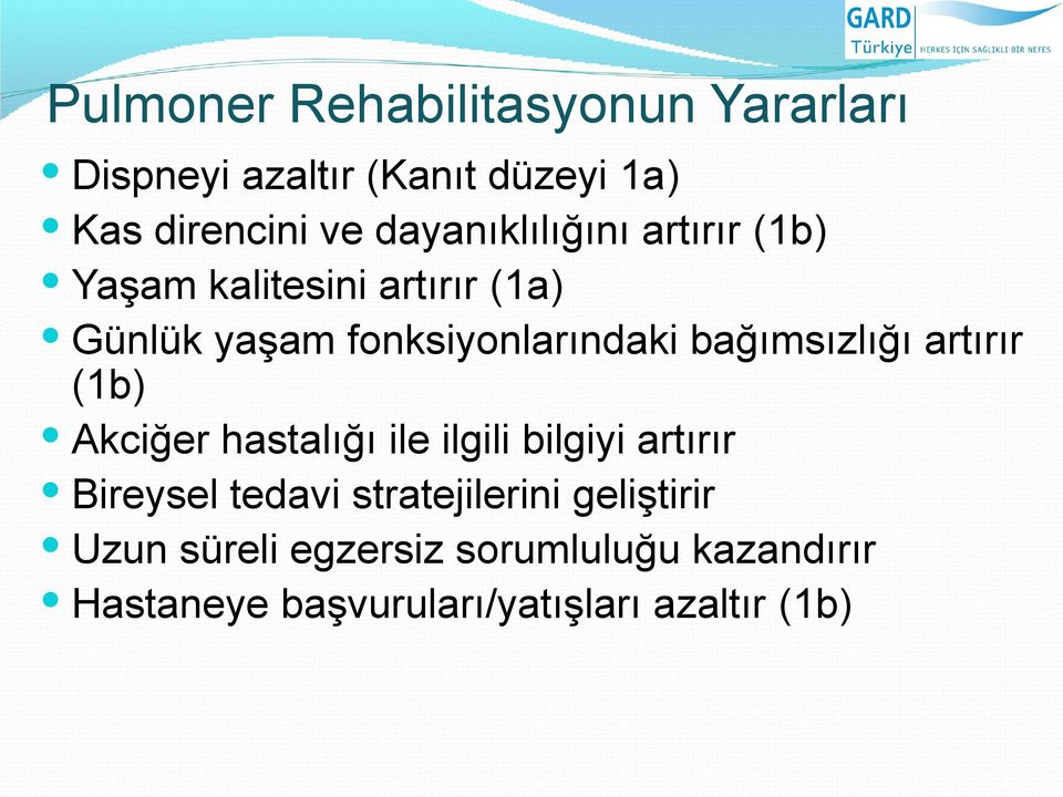 bağımsızlığı artırır (1b) Akciğer hastalığı ile ilgili bilgiyi artırır Bireysel tedavi