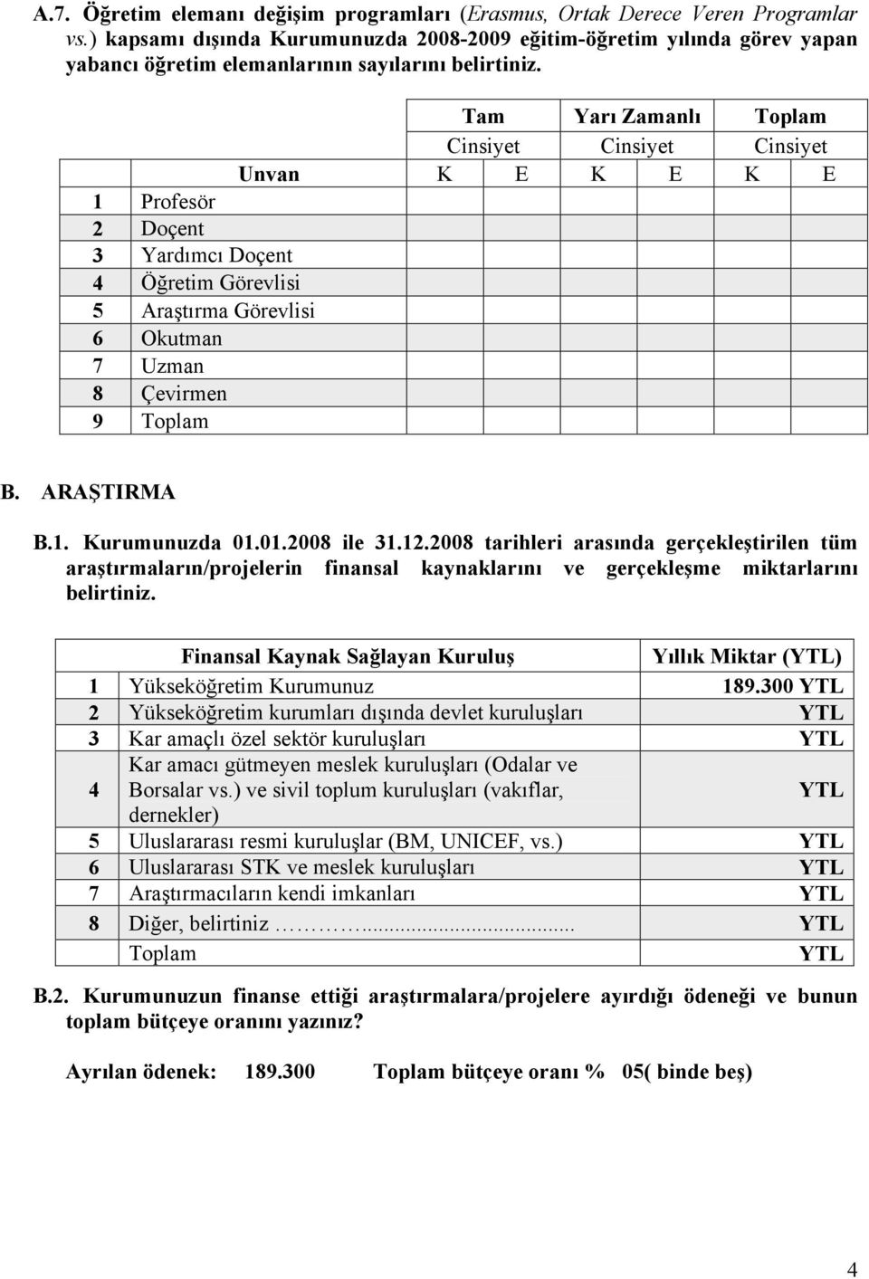 Tam Yarı Zamanlı Toplam Cinsiyet Cinsiyet Cinsiyet Unvan K E K E K E Profesör Doçent Yardımcı Doçent Öğretim Görevlisi Araştırma Görevlisi 6 Okutman 7 Uzman 8 Çevirmen 9 Toplam B. ARAŞTIRMA B.