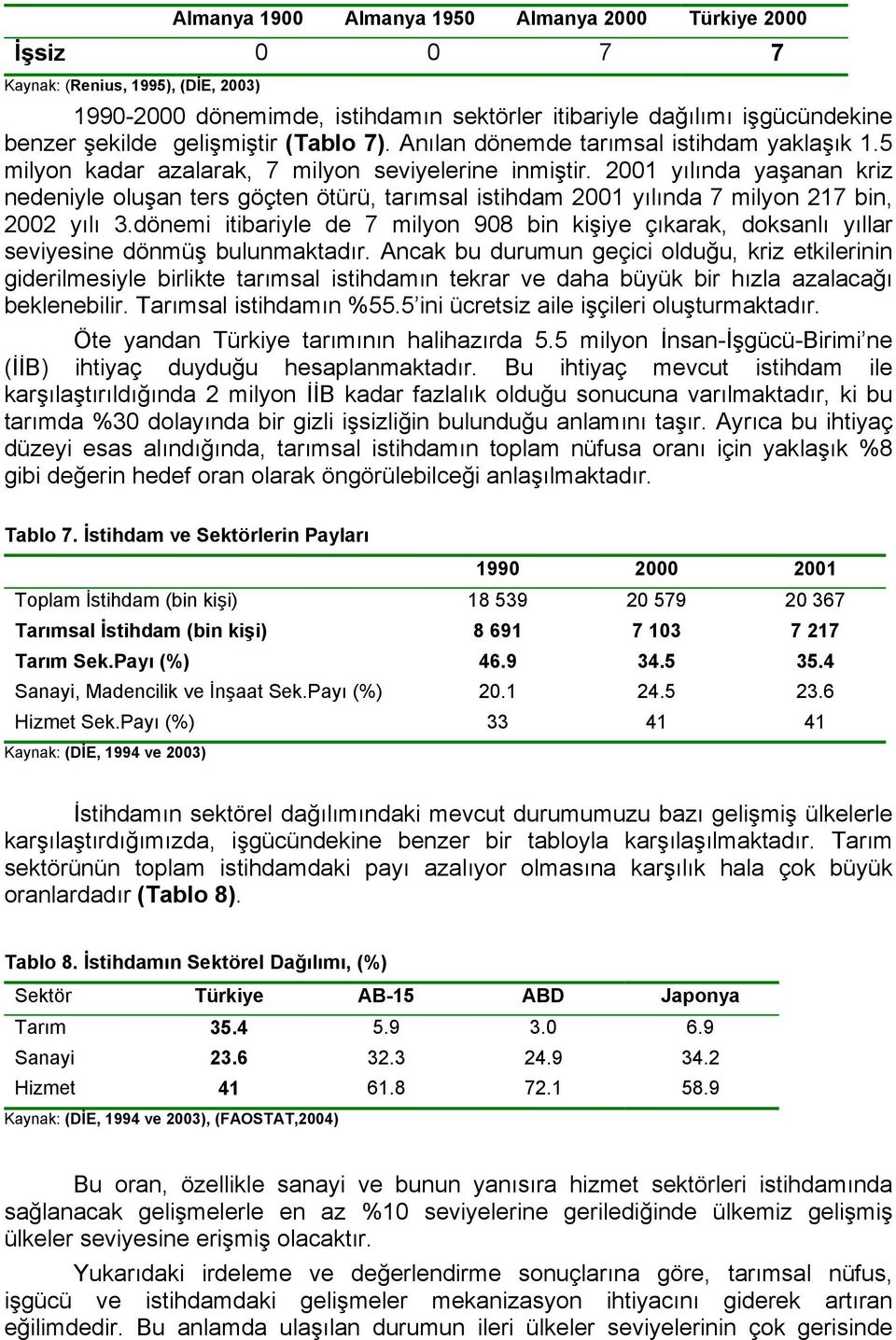 2001 yılında yaşanan kriz nedeniyle oluşan ters göçten ötürü, tarımsal istihdam 2001 yılında 7 milyon 217 bin, 2002 yılı 3.