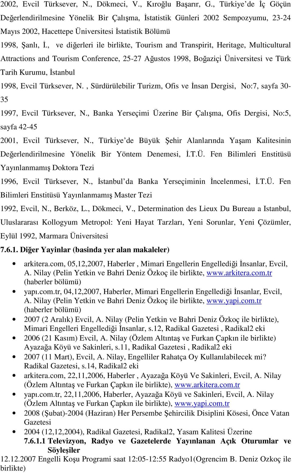 , ve diğerleri ile birlikte, Tourism and Transpirit, Heritage, Multicultural Attractions and Tourism Conference, 25-27 Ağustos 1998, Boğaziçi Üniversitesi ve Türk Tarih Kurumu, İstanbul 1998, Evcil