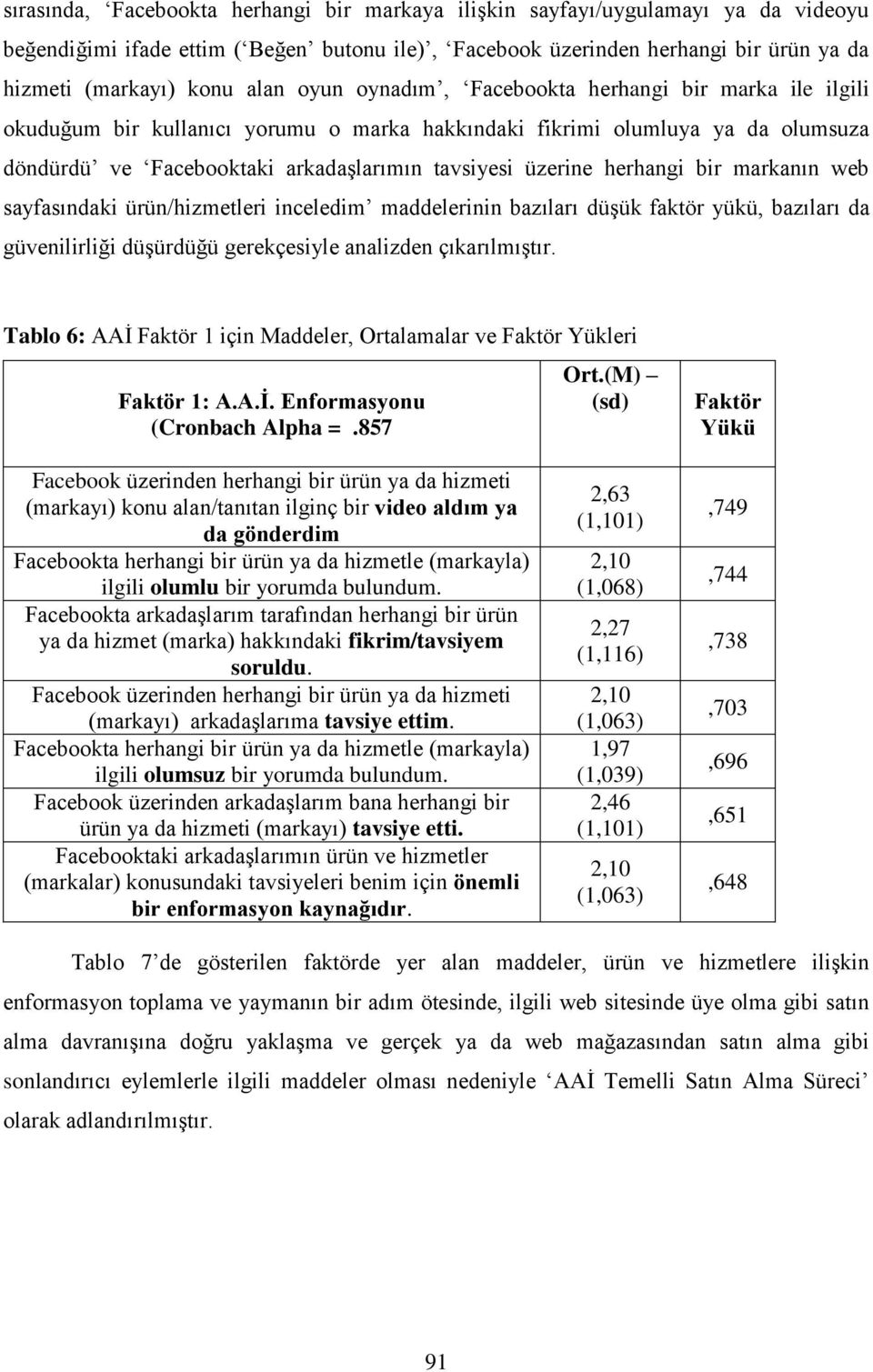 herhangi bir markanın web sayfasındaki ürün/hizmetleri inceledim maddelerinin bazıları düşük faktör yükü, bazıları da güvenilirliği düşürdüğü gerekçesiyle analizden çıkarılmıştır.