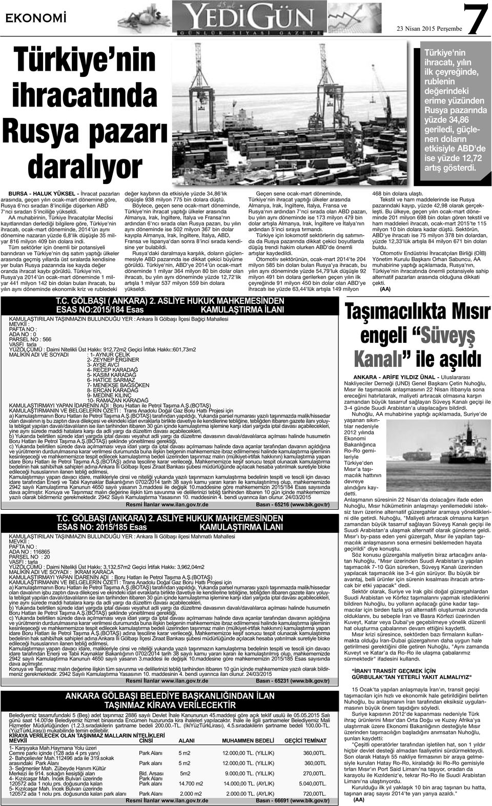 BURSA - HALUK YÜKSEL - İhracat pazarları arasında, geçen yılın ocak-mart dönemine göre, Rusya 6'ncı sıradan 8'inciliğe düşerken ABD 7'nci sıradan 5'inciliğe yükseldi.