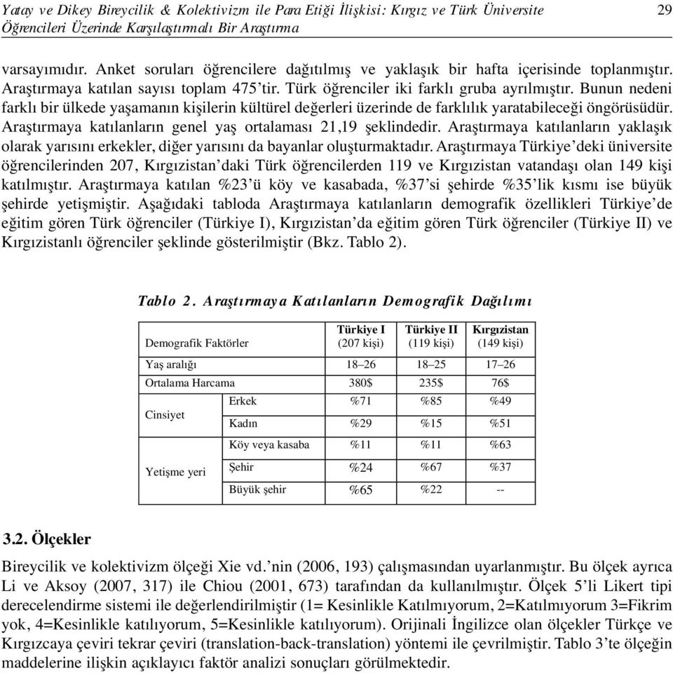 Bunun nedeni farklı bir ülkede yaşamanın kişilerin kültürel değerleri üzerinde de farklılık yaratabileceği öngörüsüdür. Araştırmaya katılanların genel yaş ortalaması 21,19 şeklindedir.