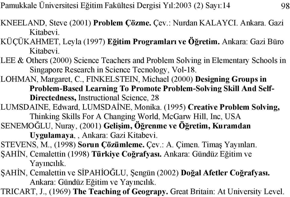 LEE & Others (2000) Science Teachers and Problem Solving in Elementary Schools in Singapore Research in Science Tecnology, Vol-18. LOHMAN, Margaret, C.