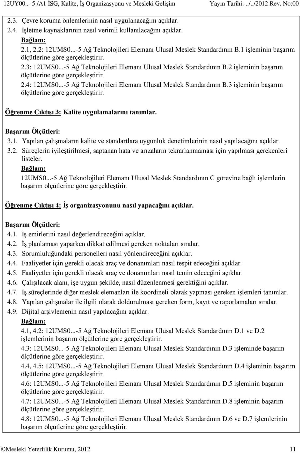 ..-5 Ağ Teknolojileri Elemanı Ulusal Meslek Standardının B.3 işleminin başarım Öğrenme Çıktısı 3: Kalite uygulamalarını tanımlar. 3.1.