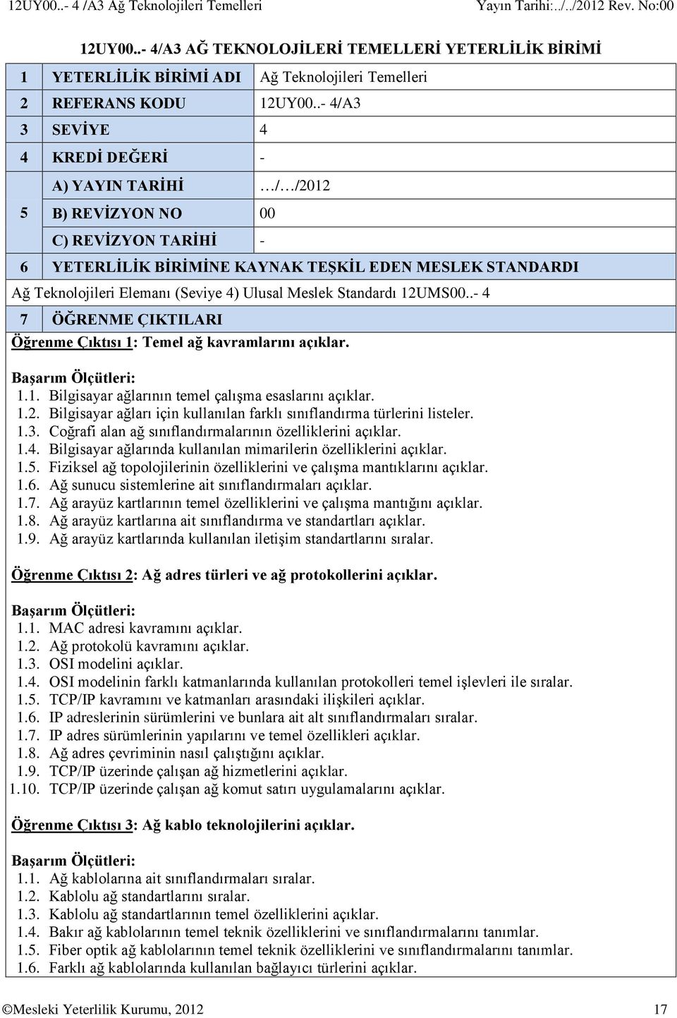 .- 4/A3 3 SEVİYE 4 4 KREDİ DEĞERİ - 5 A) YAYIN TARİHİ / /2012 B) REVİZYON NO 00 C) REVİZYON TARİHİ - 6 YETERLİLİK BİRİMİNE KAYNAK TEŞKİL EDEN MESLEK STANDARDI Ağ Teknolojileri Elemanı (Seviye 4)