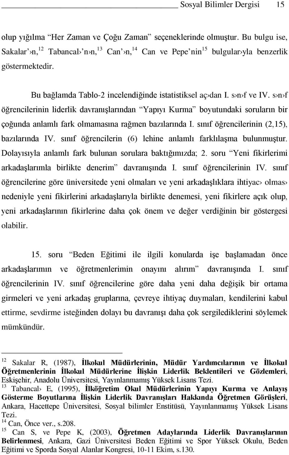 s n f öğrencilerinin liderlik davranışlarından Yapıyı Kurma boyutundaki soruların bir çoğunda anlamlı fark olmamasına rağmen bazılarında I. sınıf öğrencilerinin (2,15), bazılarında IV.