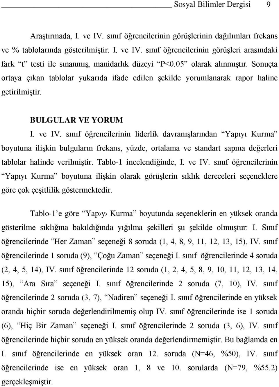 sınıf öğrencilerinin liderlik davranışlarından Yapıyı Kurma boyutuna ilişkin bulguların frekans, yüzde, ortalama ve standart sapma değerleri tablolar halinde verilmiştir. Tablo-1 incelendiğinde, I.