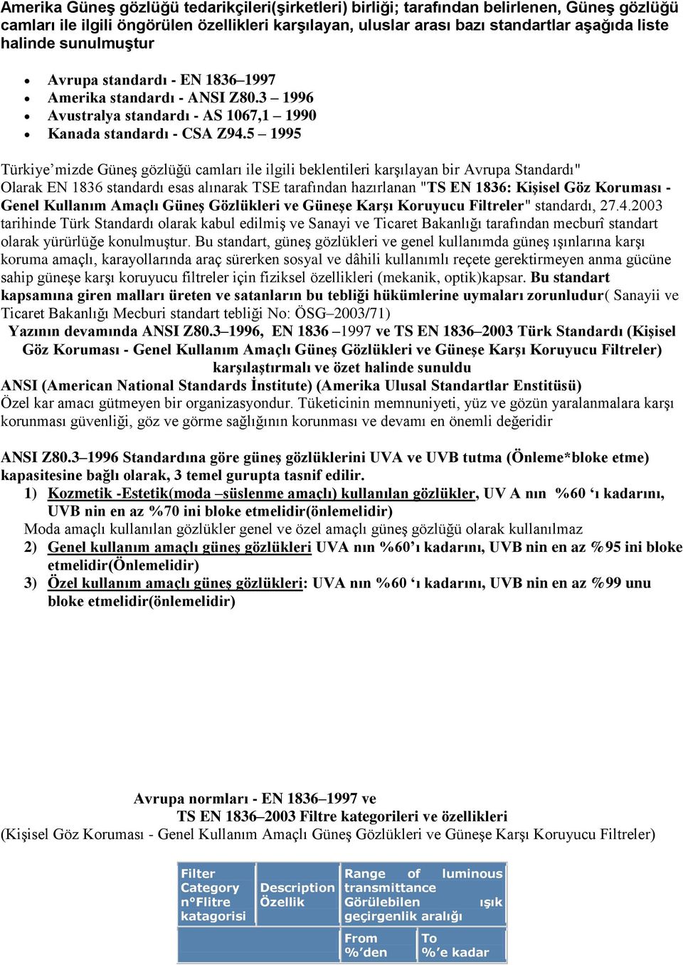 5 1995 Türkiye mizde Güneş gözlüğü camları ile ilgili beklentileri karşılayan bir Avrupa Standardı" Olarak EN 1836 standardı esas alınarak TSE tarafından hazırlanan "TS EN 1836: KiĢisel Göz Koruması
